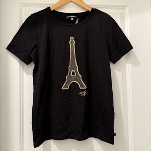 Karl Lagerfeld Top Women's XS Eiffel Tower T Shirt Short Sleeve Black Gold